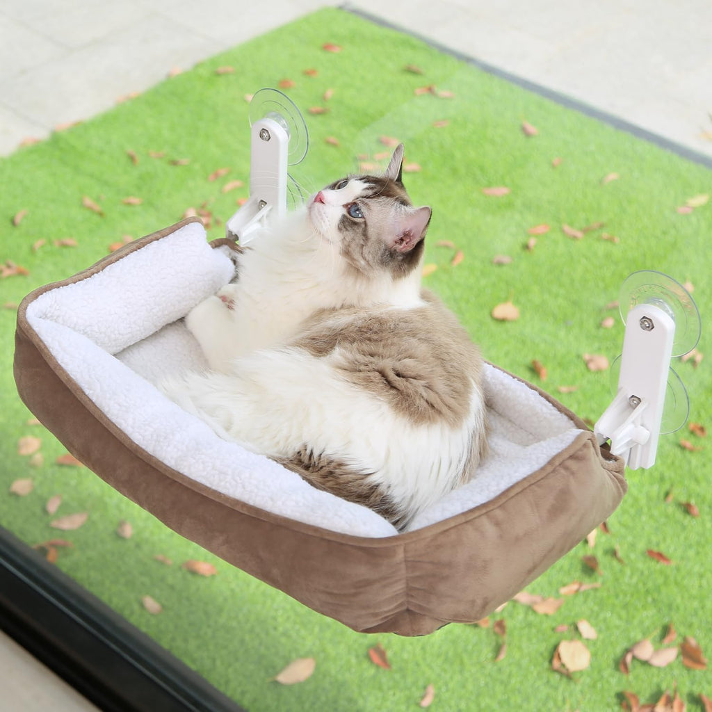 Zakkart Foldable Cat Hammock for Window with Bolster - Cordless, Three-Side Bolstered Machine Washable Fluffy Bed, Robus