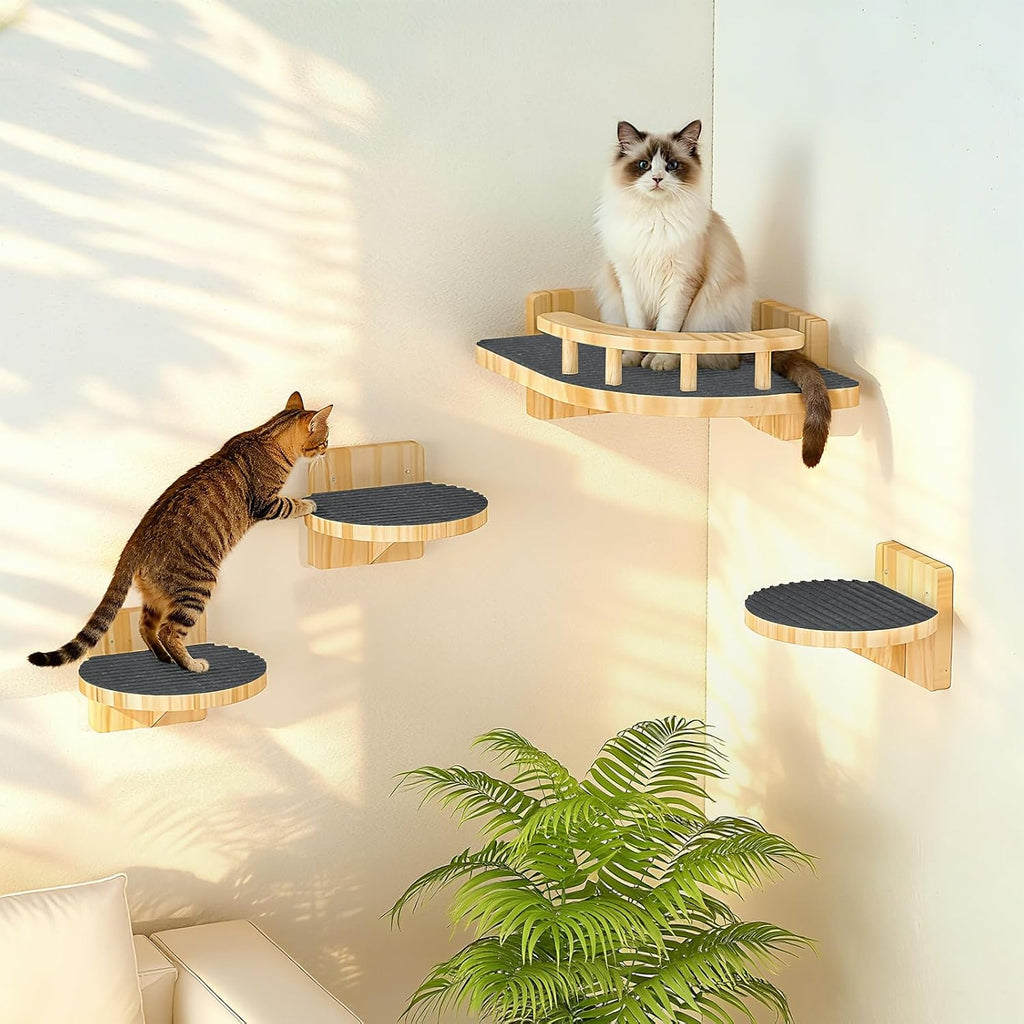 XiaZ Cat Wall Shelves, Corner Cat Shelf with 3 Wide Perch Steps, Kitty Wall Climber Wooden Furniture up to 25lbs, Modern