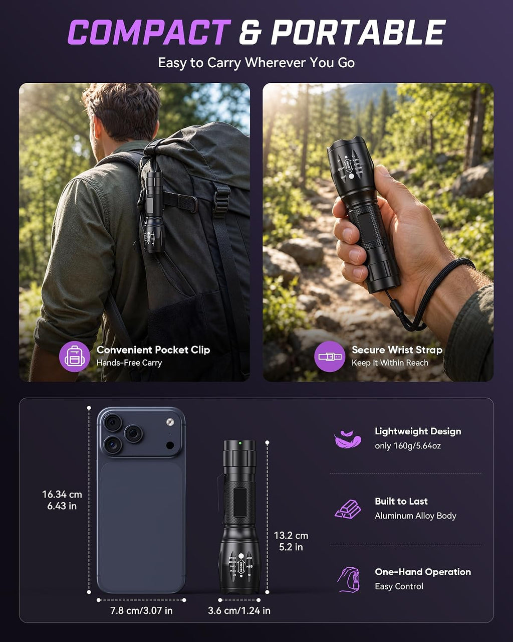 Evteck MOWETOO UV Flashlight with 395nm Black Light & White Light