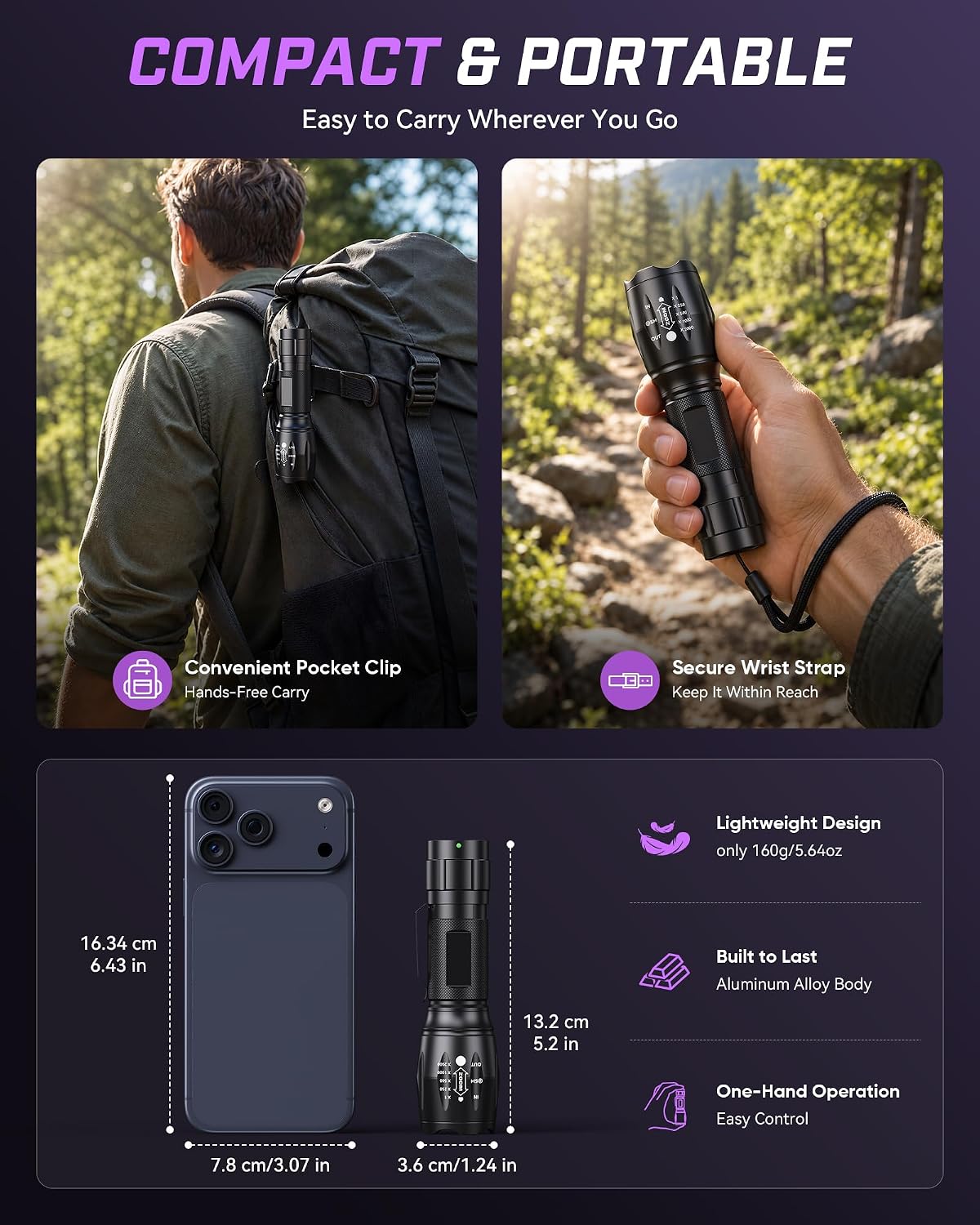 Evteck MOWETOO UV Flashlight with 395nm Black Light & White Light