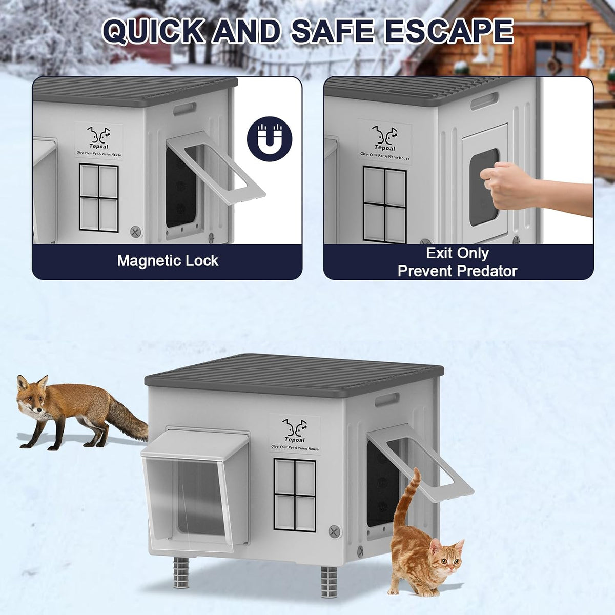 17.7"x17"x17.5" Indestructible Heated Cat House for Outside Winter, Weatherproof Outside Cats Shelter with Safety Escape