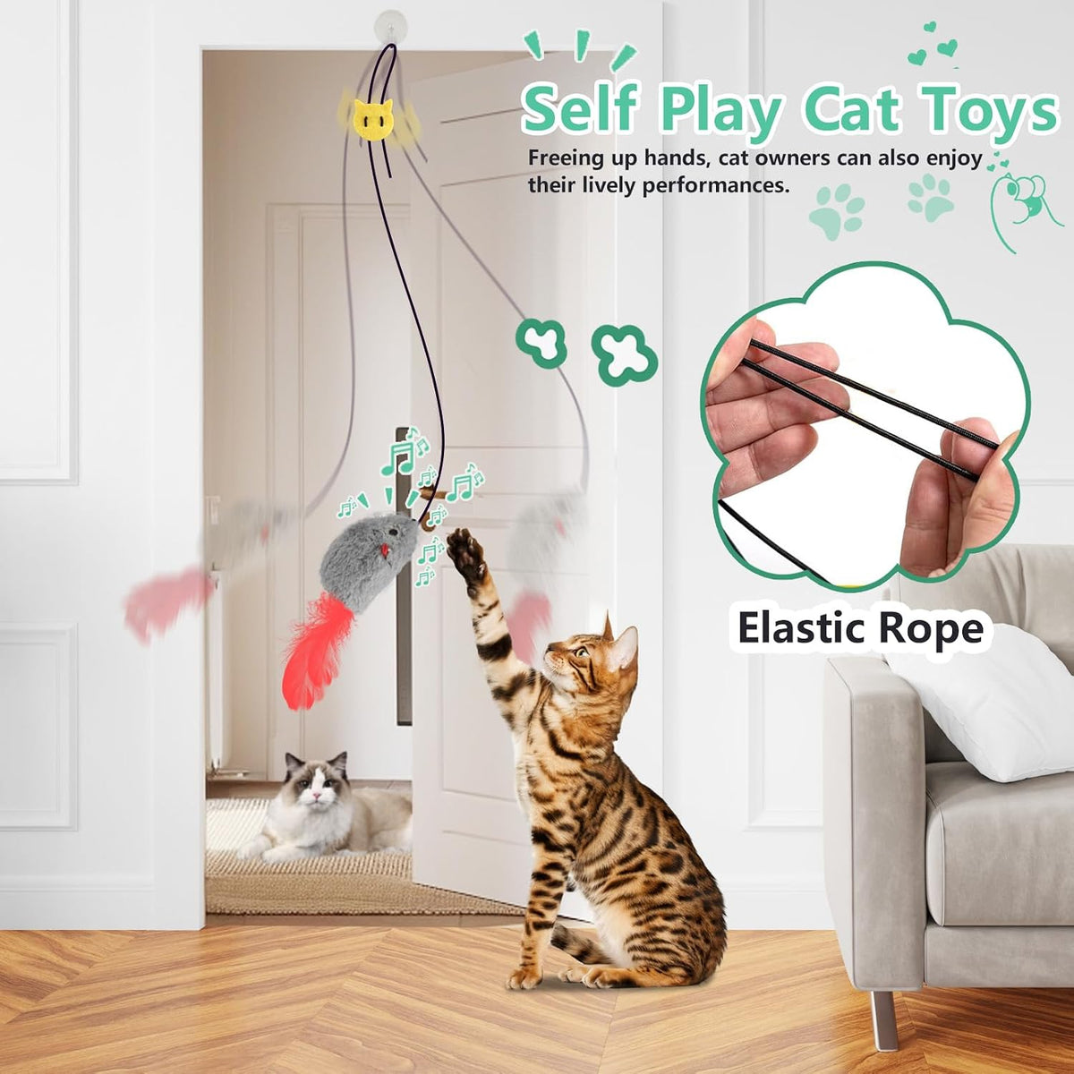 FYNIGO Self Play Cat Toys,2 Pack Door Hanging Cat Mouse Toy with Squeaky Sound,No Batteries Required,Interactive Cat Enr