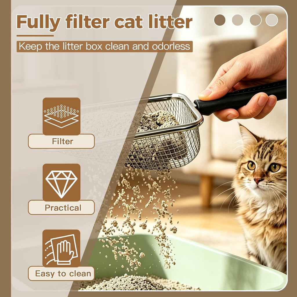 Cat Litter Scoop - Long Handle Scooper, Rustproof Stainless Steel Mesh, Non-Slip Grip, Deep Shovel Sifter for All Litter