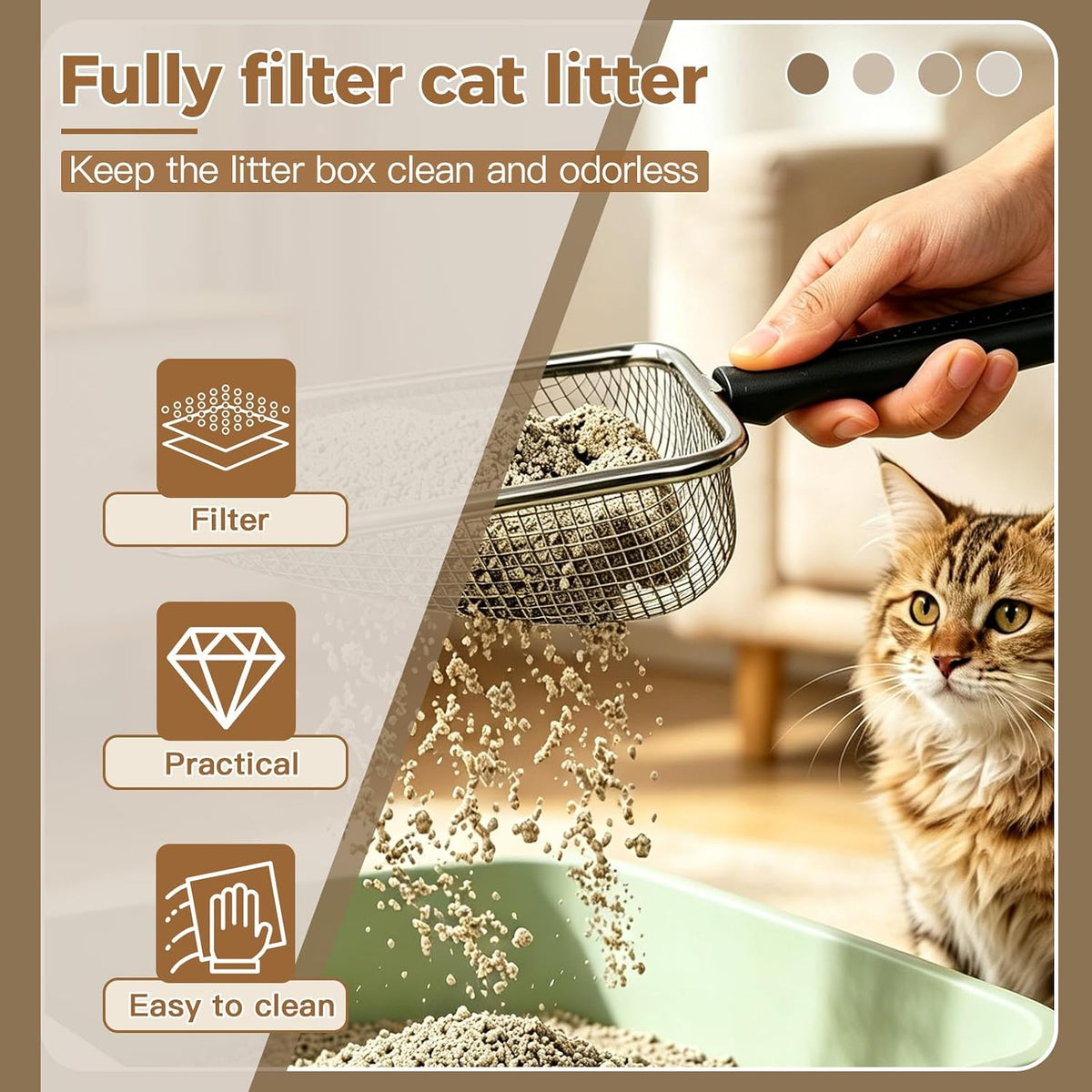Cat Litter Scoop - Long Handle Scooper, Rustproof Stainless Steel Mesh, Non-Slip Grip, Deep Shovel Sifter for All Litter