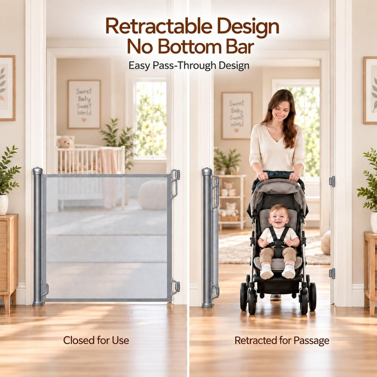 Retractable Baby Gate, 45" Wide Mesh Gate, Gray