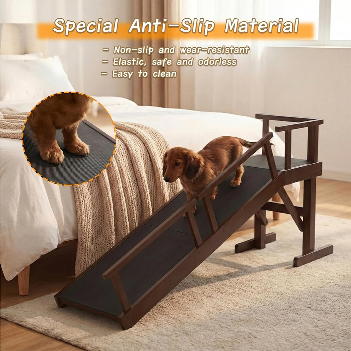 61" Dog Ramp for Bed&Couch, Non-Slip Platform with Removable Rails Walnut