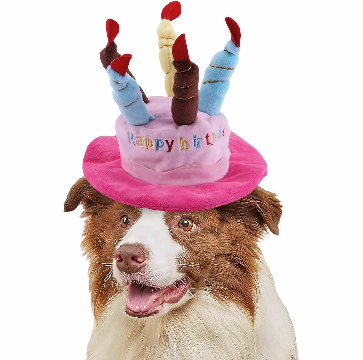 Cute Pet Party Hat for Dogs&Cats - Soft Fluffy Birthday Cap with 5 Color Candles (Blue), Adjustable Strap for Halloween,