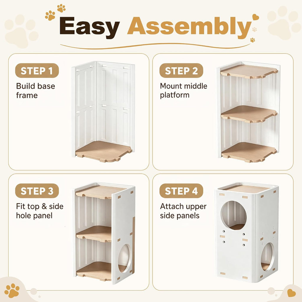 2-Storey Cat House Tower, Waterproof HDPE Plastic Cat Condo with External Jumping Platform & Dual Hideaway Caves, Easy t