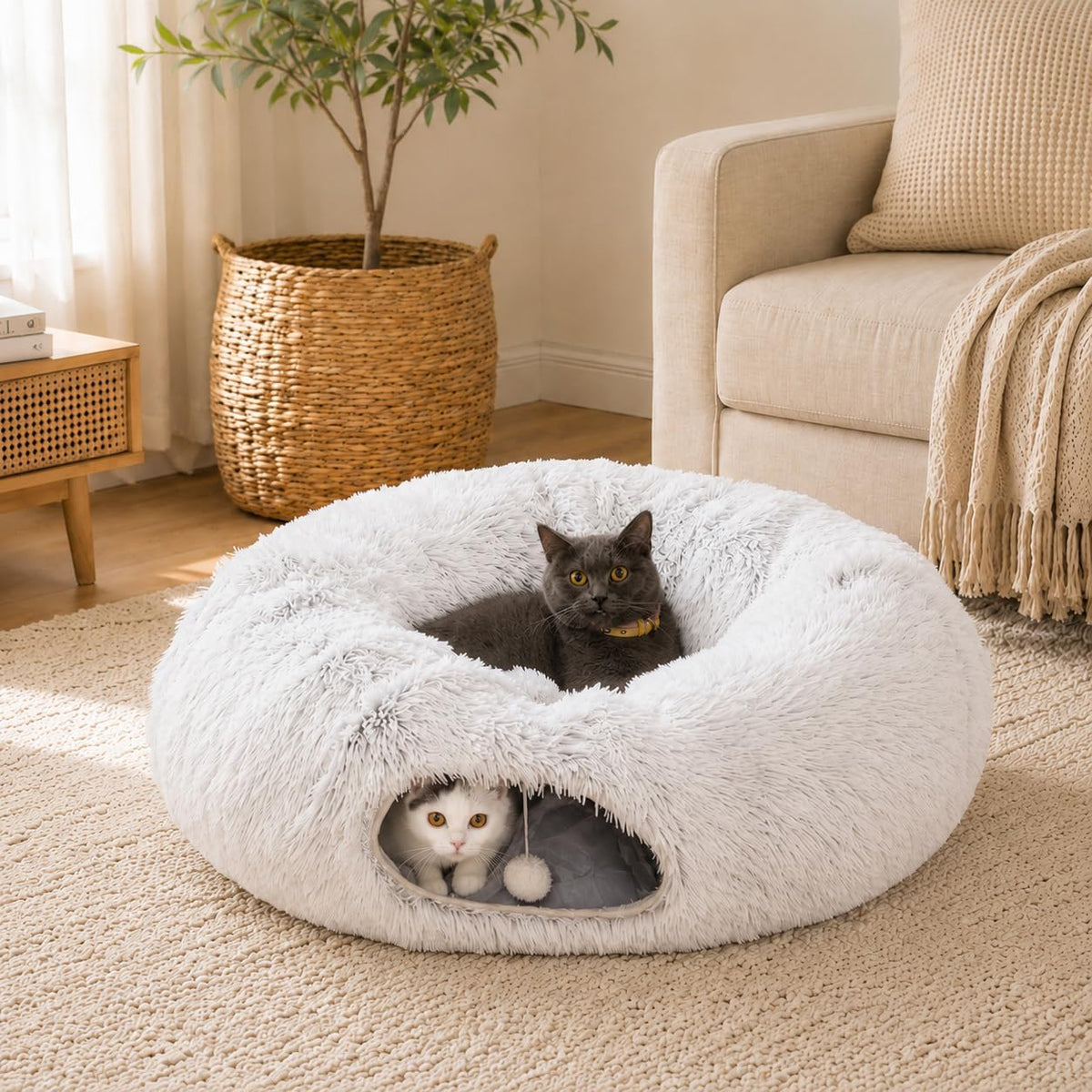 Fluffy Cat Tunnel Bed Under Christmas Tree, Plush Warm White