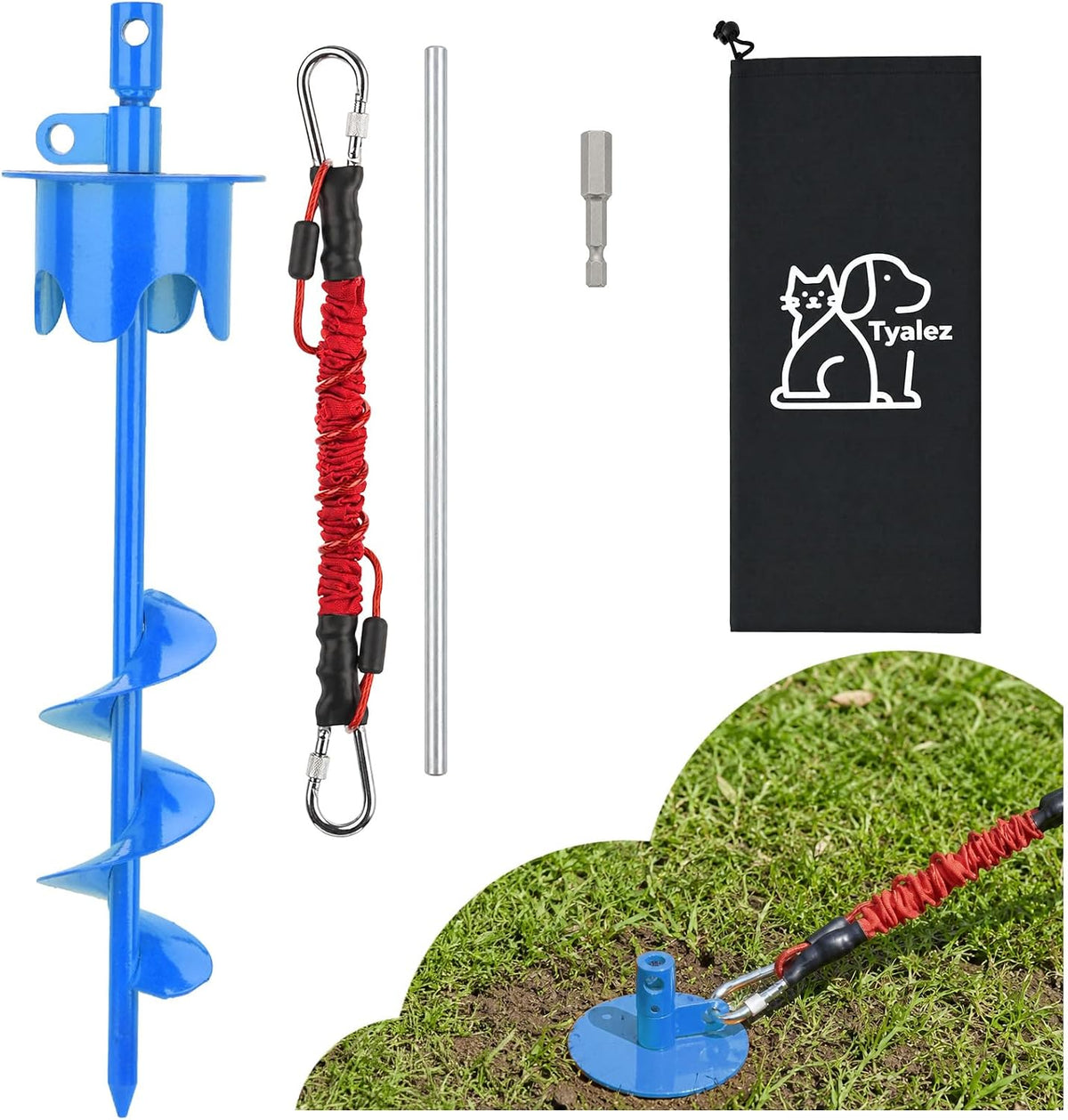 17" Heavy Duty Dog Tie Out Stake with Buffer Rope for Large Dogs
