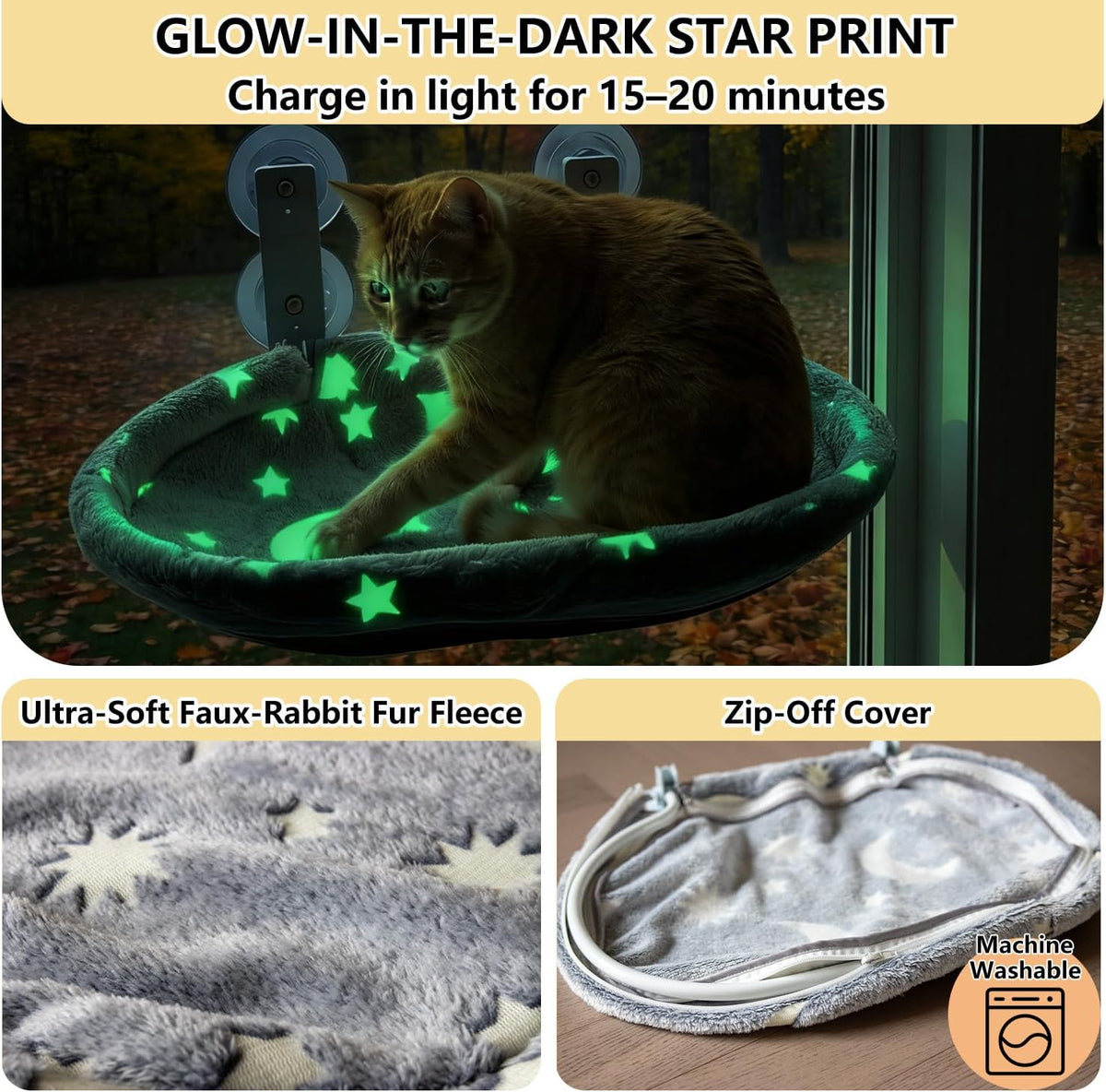 Cat Window Perch Hammock - Glow in the Dark Cordless Foldable Pet Bed with Sturdy Metal Frame & Strong Suction Cups, Sta