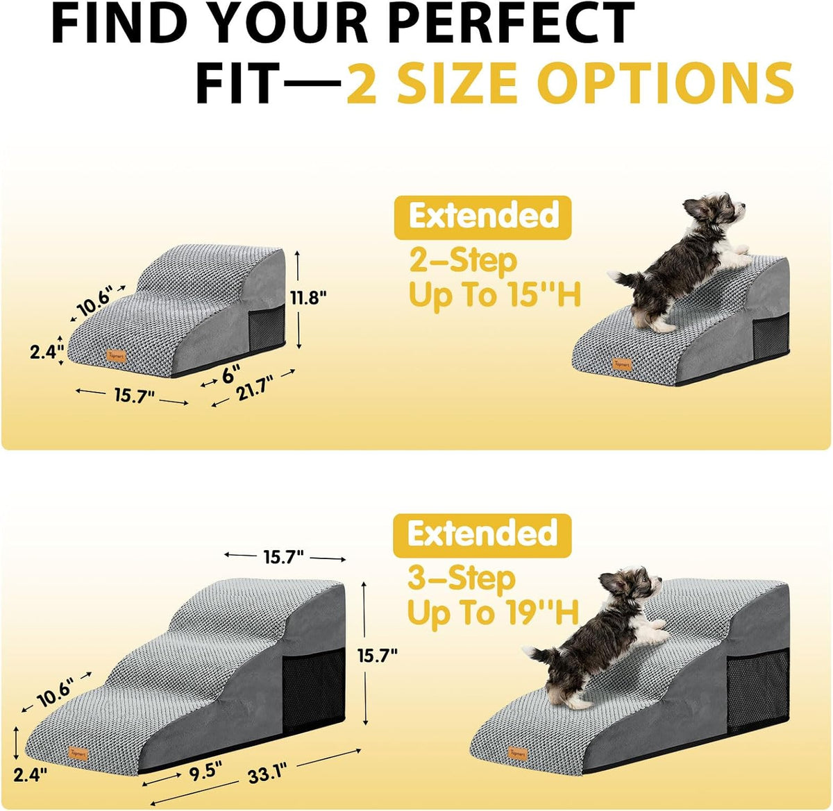 2-Step Dog Stairs for Small Dogs, Non-Slip Foam Pet Steps for Low Couch Bed