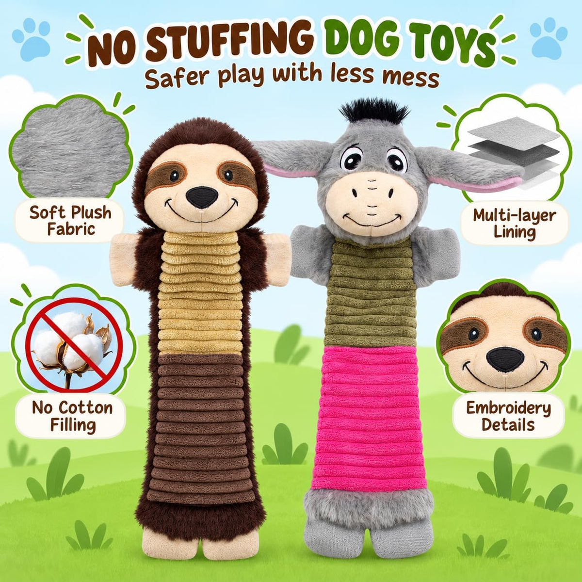 2 Pack No Stuffing Dog Squeaky Toys, Chew with Crinkle to Large Puppy