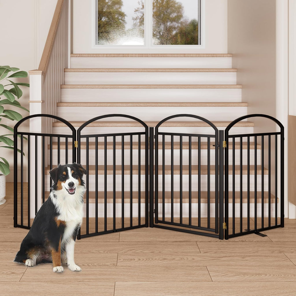 4 Panels Full Matel Freestanding Dog Gates with Door, 96"Extra Wide 32"Tall Free Standing Dog Pet Gate for Indoor & Outd