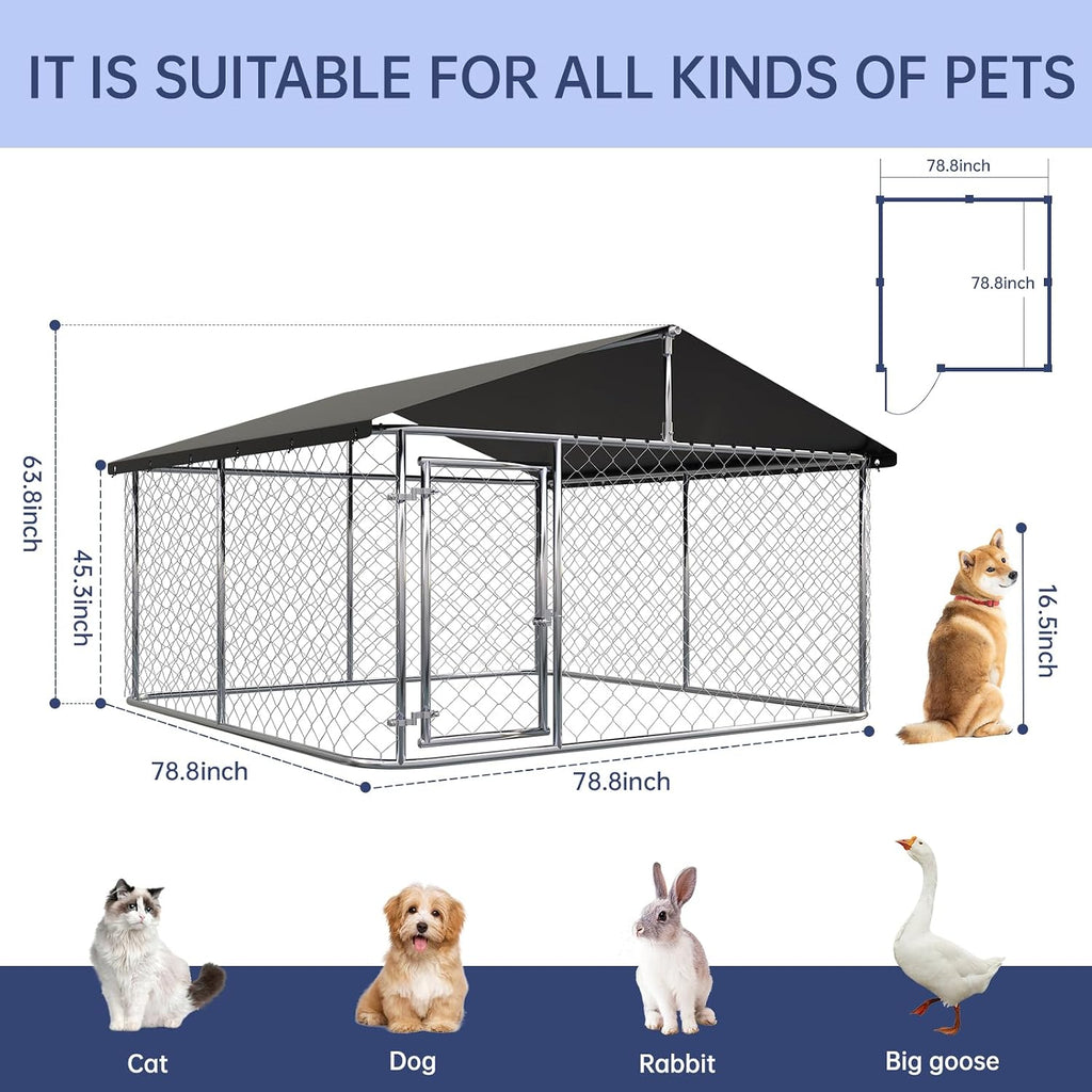 Petony Large Outdoor Dog Enclosure,Heavy Duty Dog Kennel with Roof,Galvanized Steel Dog Cage Fence with Double Safety Lo