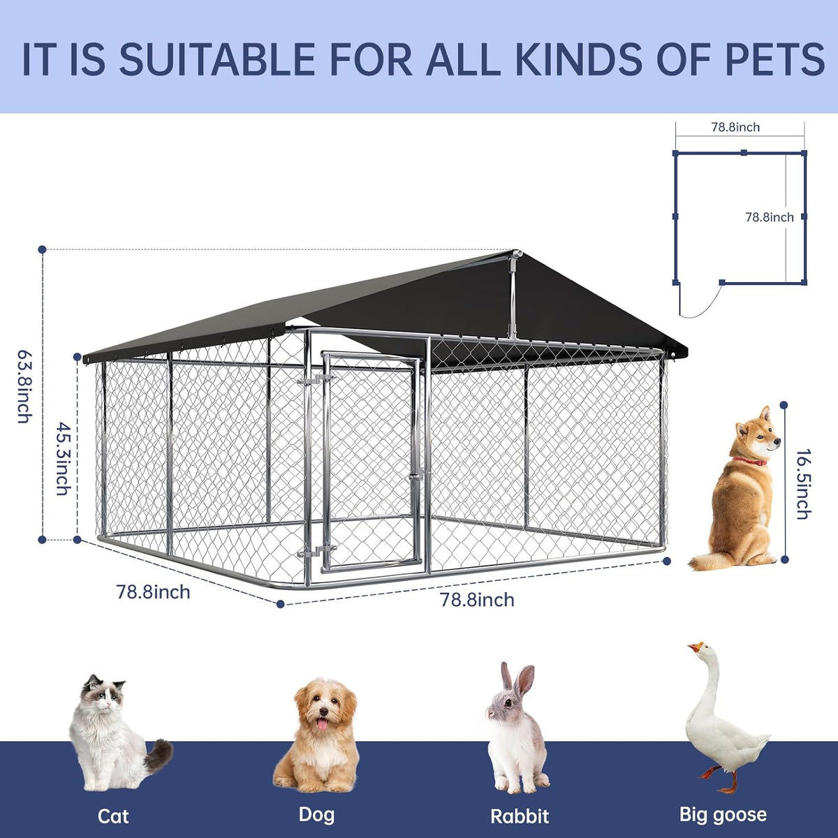 Petony Large Outdoor Dog Enclosure,Heavy Duty Dog Kennel with Roof,Galvanized Steel Dog Cage Fence with Double Safety Lo