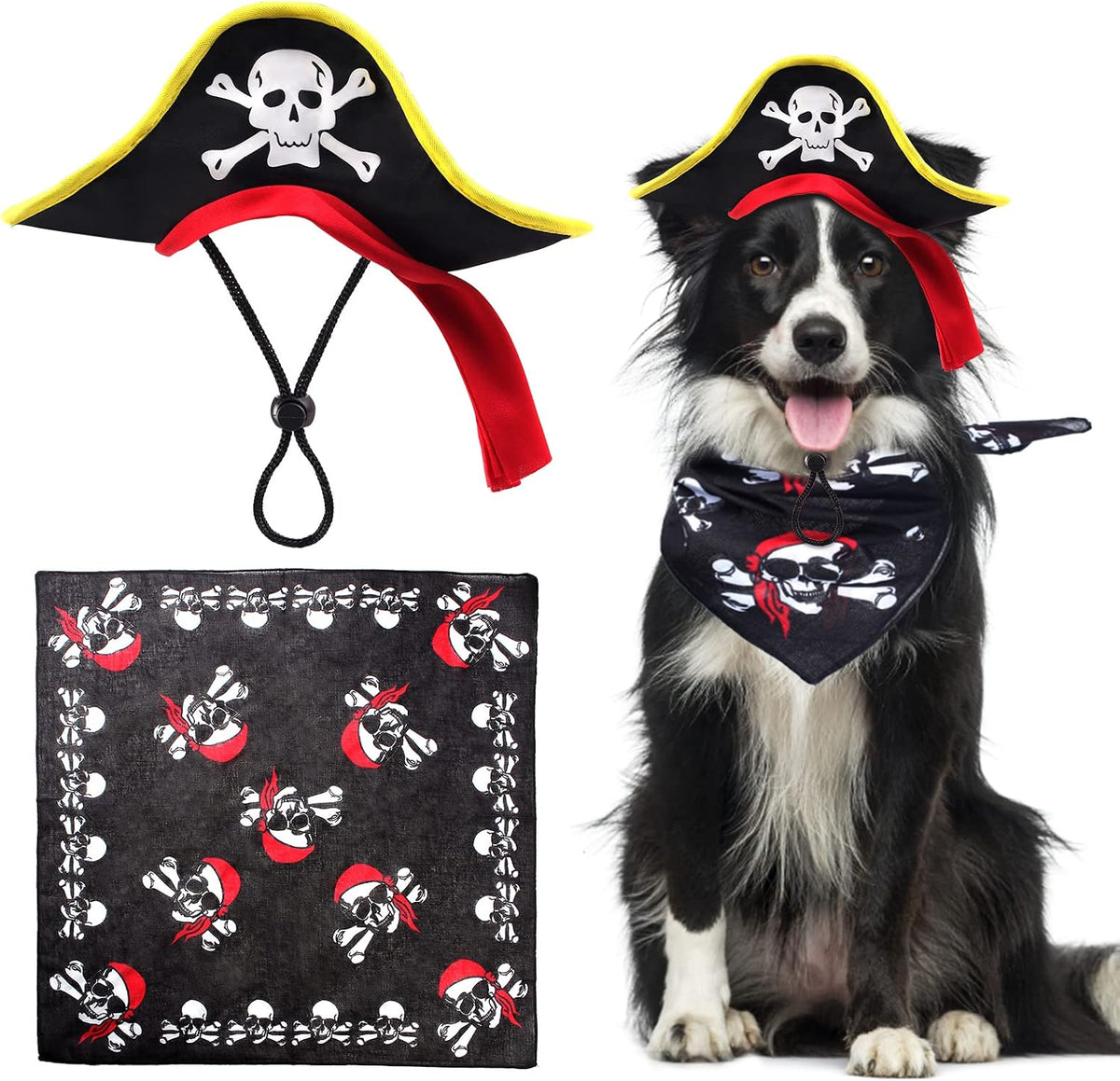 2 Pieces Skull Print Pet Pirate Hat with Pirate Skull Bandana Dog Cat Captain Cap Halloween Pirate Cosplay Costume Hallo
