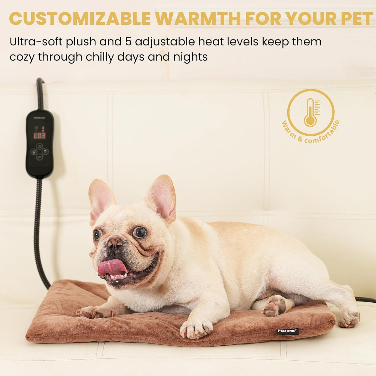 Dog Heating Pad, Heated Cat&Dog Bed, 5 Temps & Timer, Safety Listed, Brown