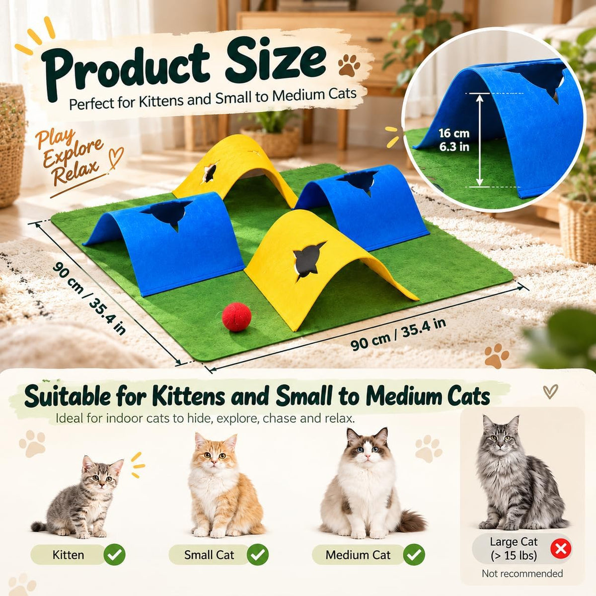 35.4" 4-Way Cat Tunnel for Indoor Cats, Colorful Felt Mat with Hidden Ball