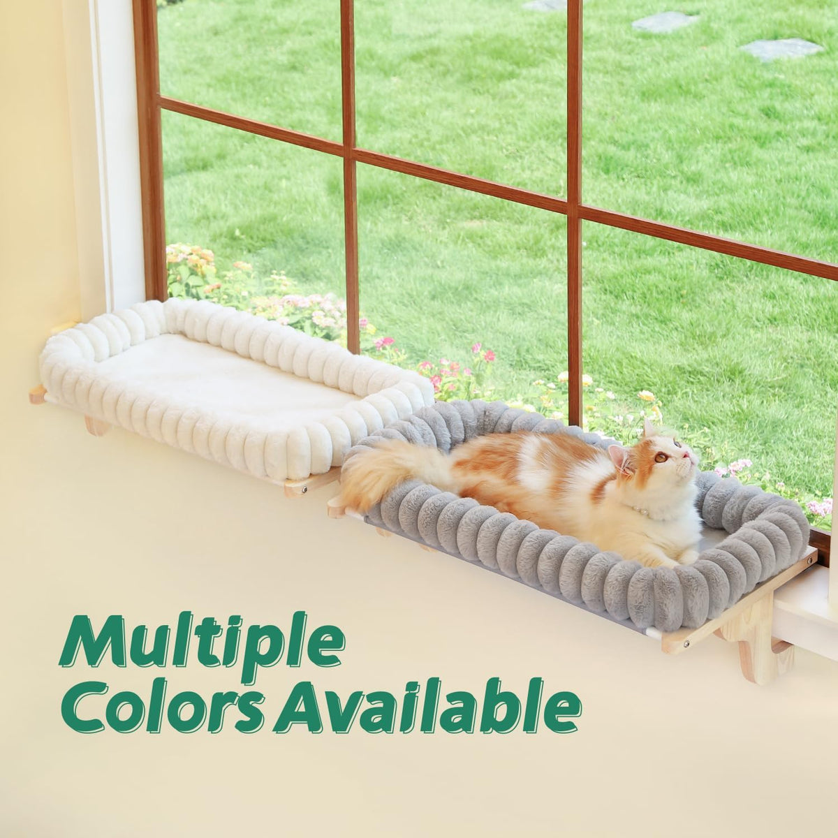 Zakkart SnugCloud Cat Perch for Windowsill (Natural Wood/Cream White, M)