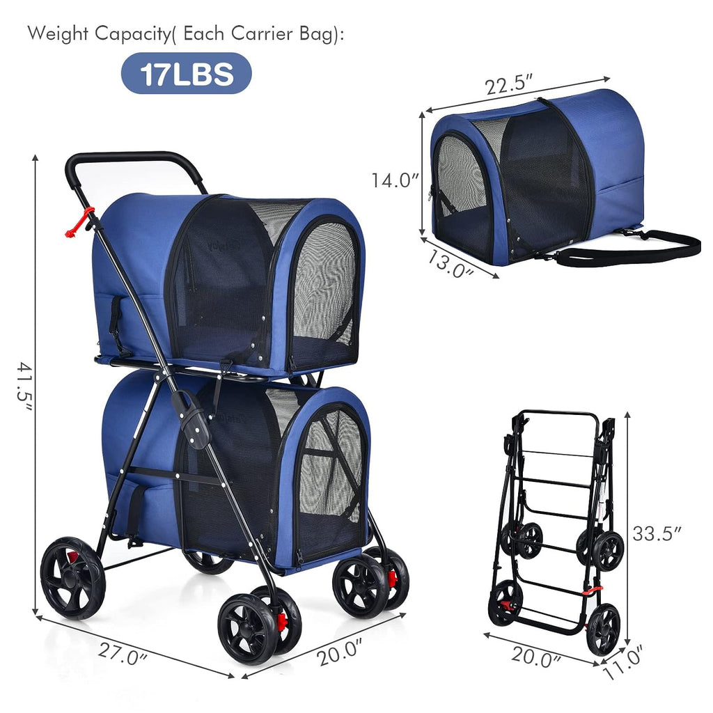 Giantex Double Pet Stroller with 2 Detachable Carrier Bags, Safety Belt, 4 Lockable Wheels, Folding Cat & Dog Stroller f