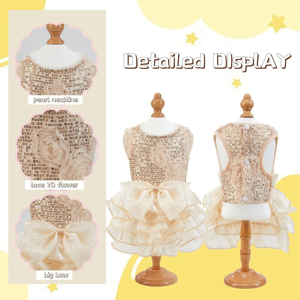 Sparkling Dog Dresses Sequin Cute Dog Birthday Dress with Pearl Neck