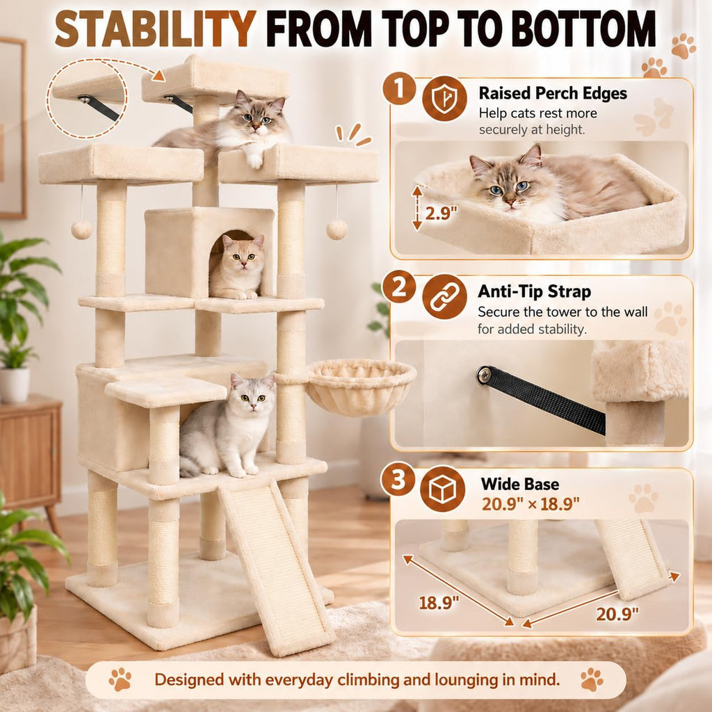 66" Tall Cat Tree Tower with Scratch Board, 3 Perches, Beige