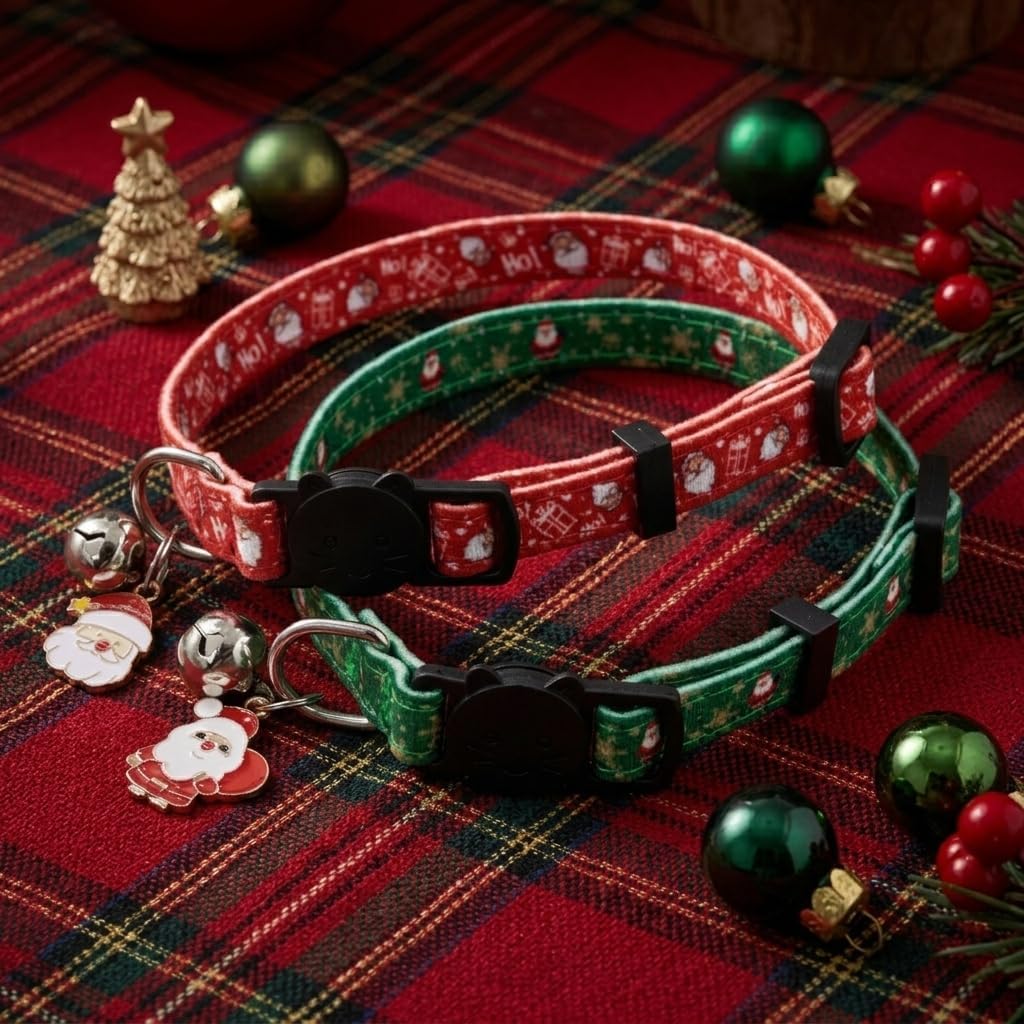 Christmas Cat Collar, Cotton Breakaway Collars for Girl Boy Kittens, Santa