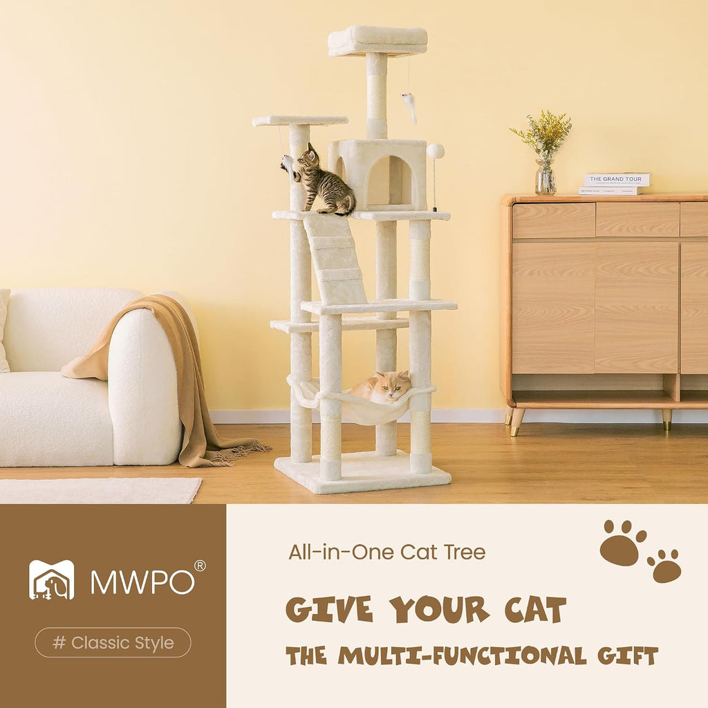 63.8 inches Multi-Level Cat Tree for Large Cats with Sisal-Covered Scratching Posts, Padded Platform, Hammock and Condo,