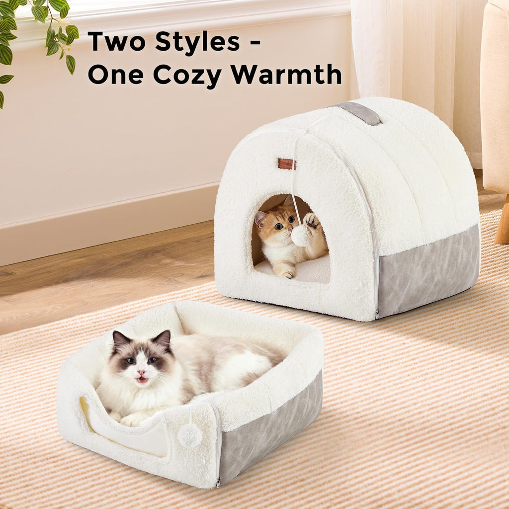 2in1 Cat Bed Cave for Indoor Cats Enclosed Bed with Washable Pillow