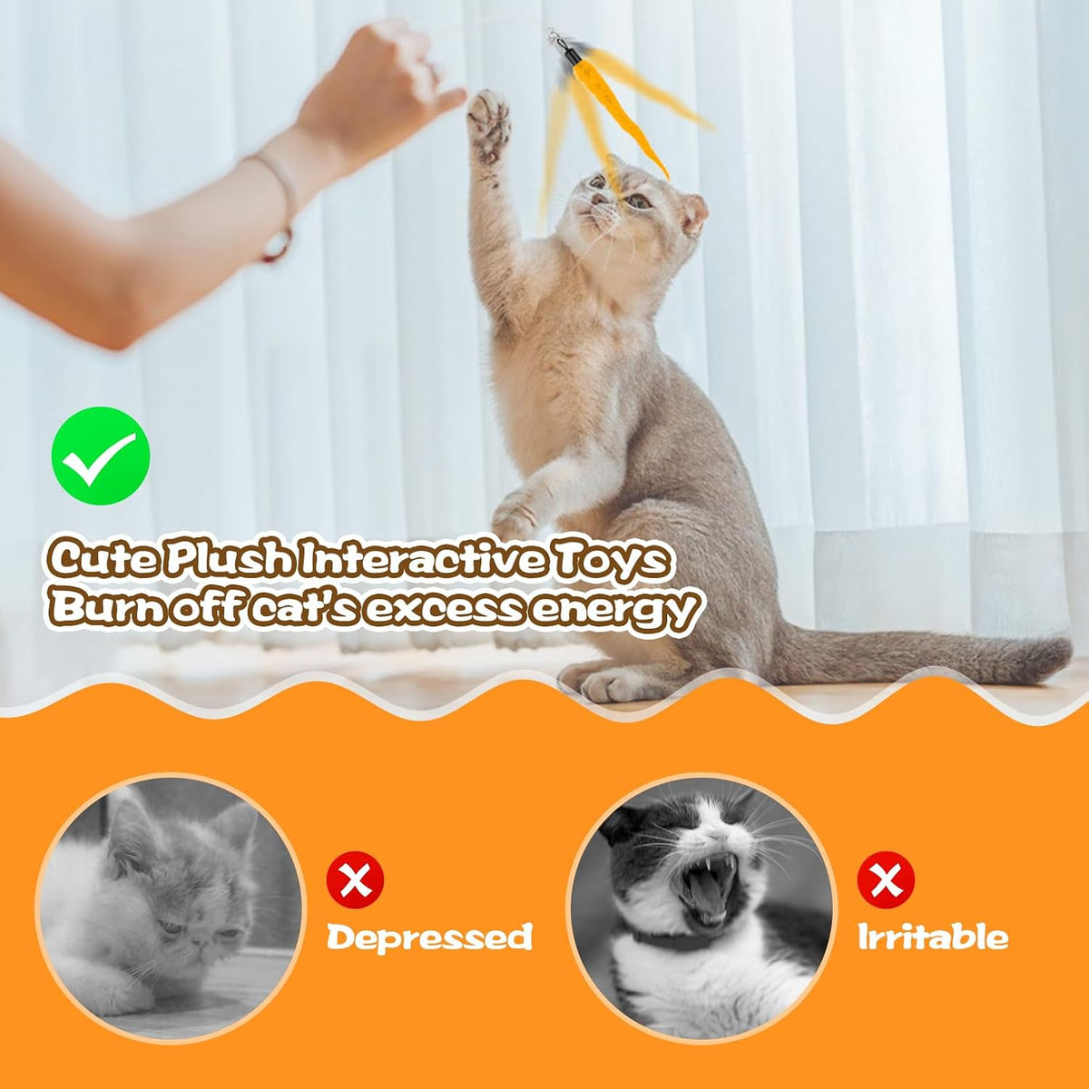 Kerros Fuzzy Worm Cat Wand Refills with Black String, 10 Pcs