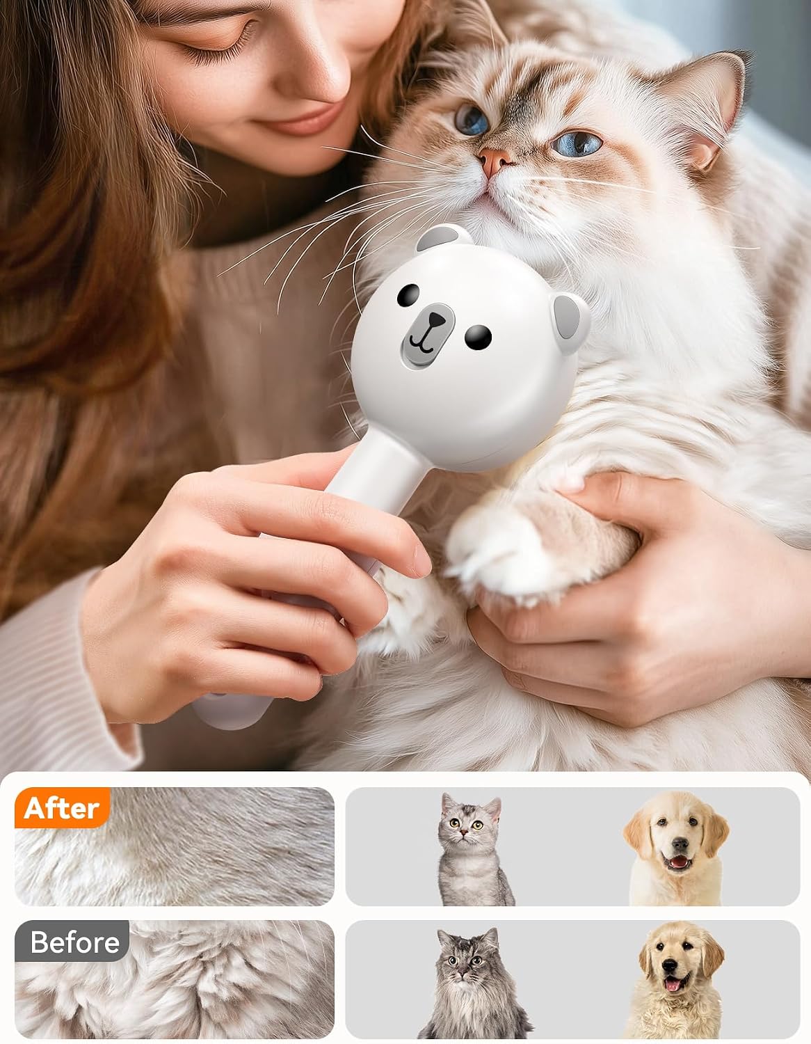 Cat Steam Brush, Brushes for Indoor Cats with Release Button, Undercoat Removal Grooming Supplies, Dual Spray USB Rechar