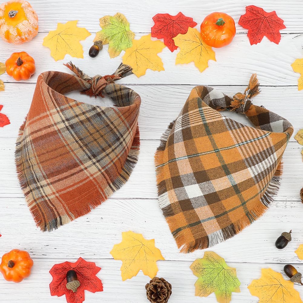 Vivifying Fall Dog Bandana, 2 Pack Plaid Dog Scarf with Tassels Edges, L