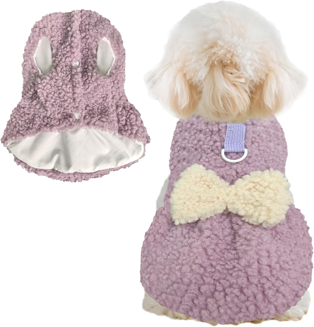 Winter Dog Dress with Bow & Leash Ring, Warm Puppy Clothes for Small Dogs