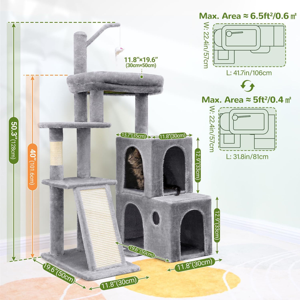 Globlazer Maine Coon Cat Tower for Indoor Adult Cats, F50, Light Grey