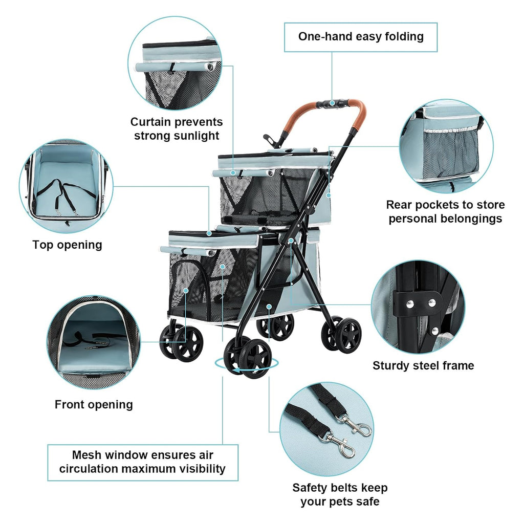 Double Pet Stroller for 2 Dogs & Cats, Double-Decker, Blue