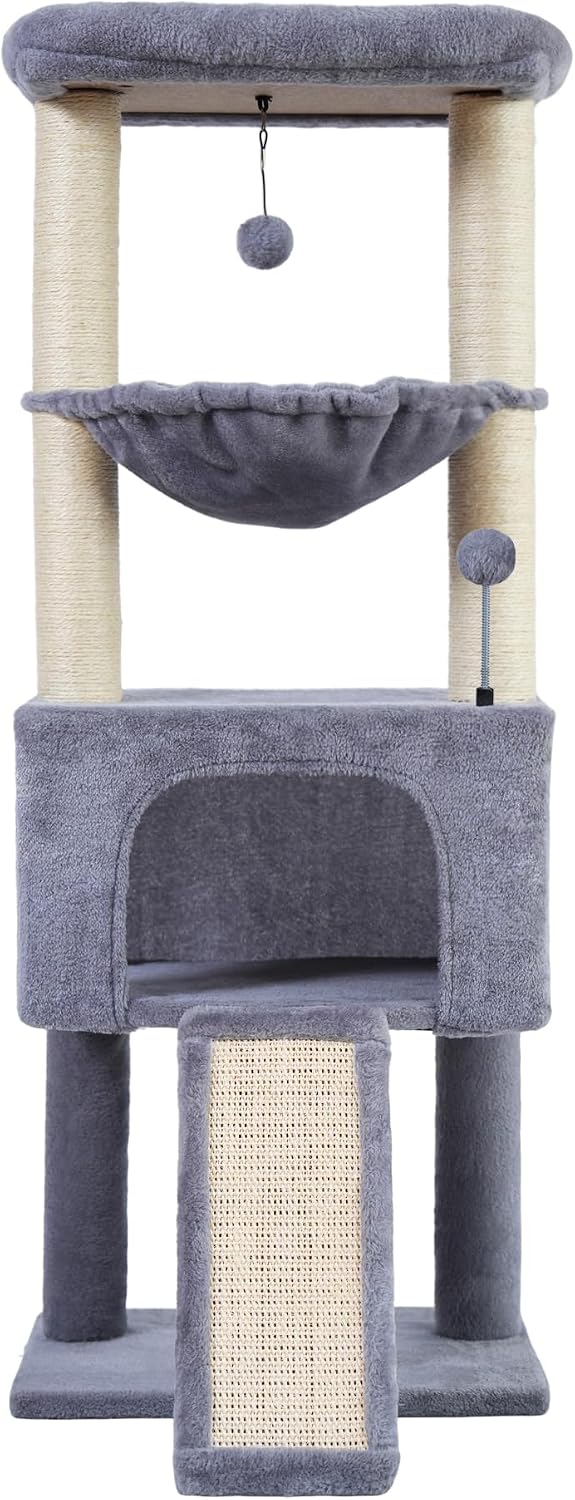 32" Cat Tree for Indoor Cats, 2-in-1 Cat House with Sisal Scratching Post & Ramp, 2-Level Cat Tower with Rotatable Feath
