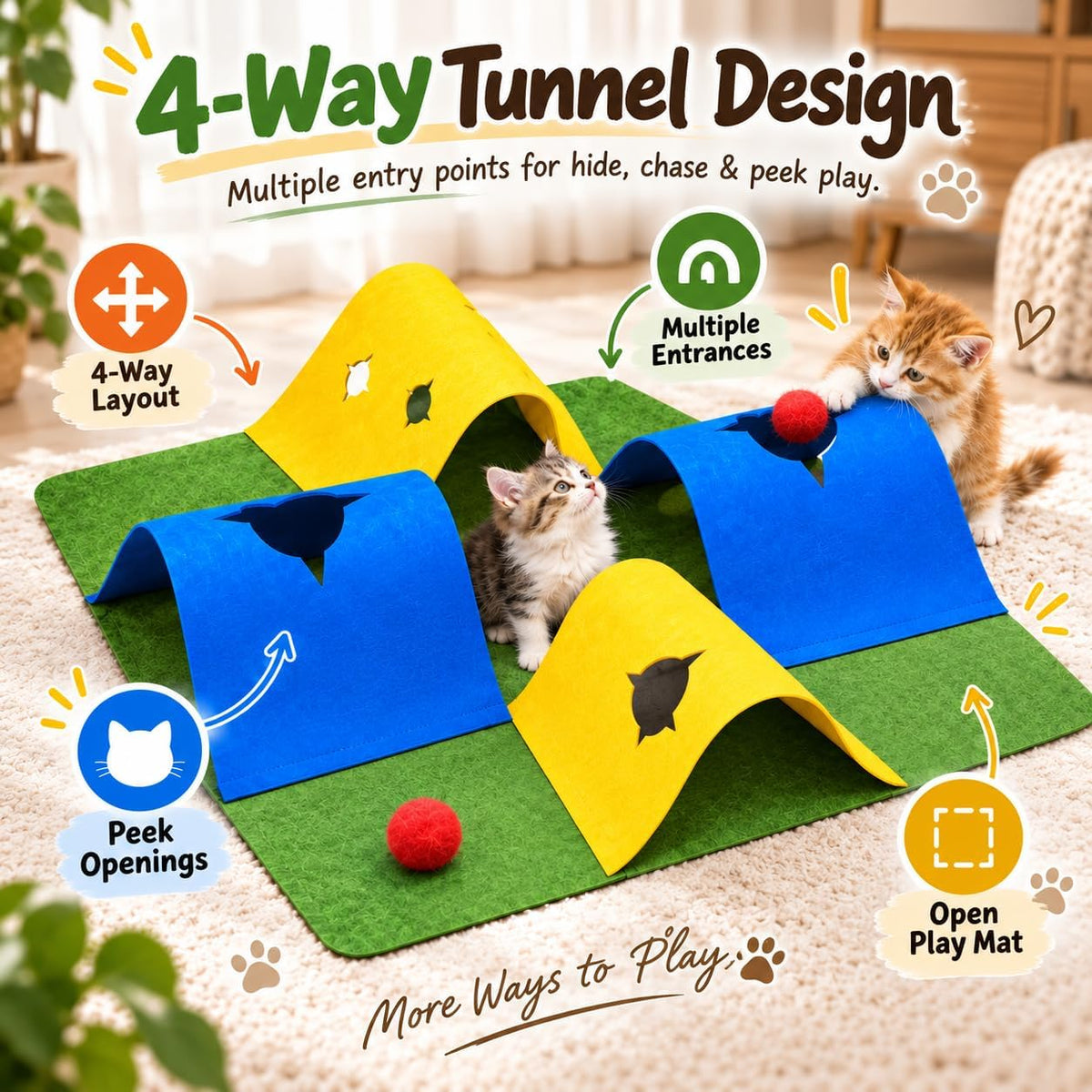 35.4" 4-Way Cat Tunnel for Indoor Cats, Colorful Felt Mat with Hidden Ball