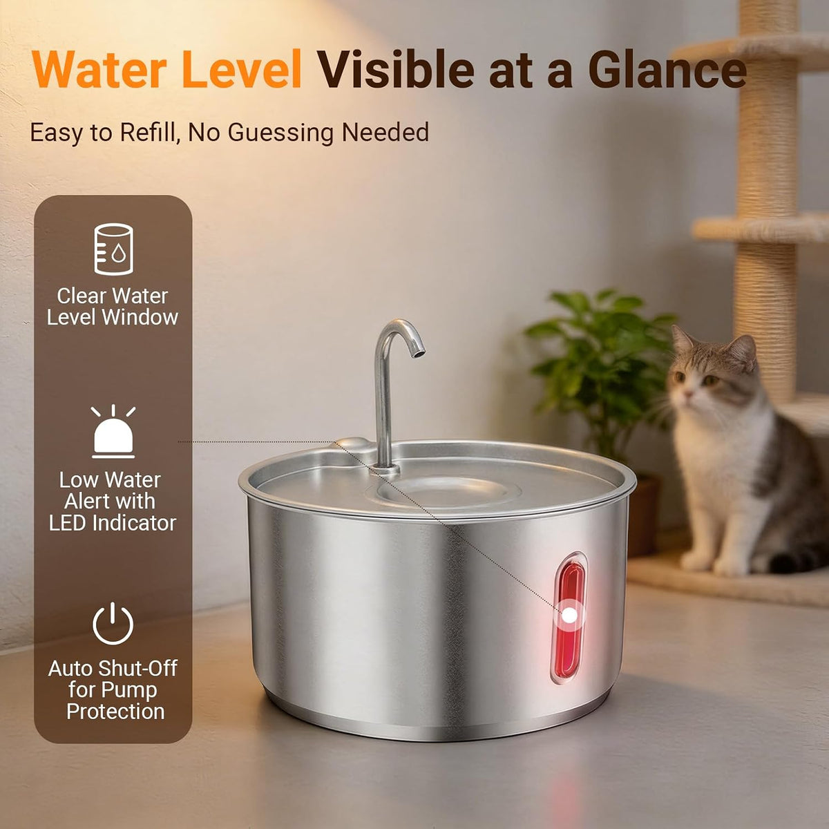 4L Dog & Cat Water Fountain, USB Powered, Stainless Steel Tray