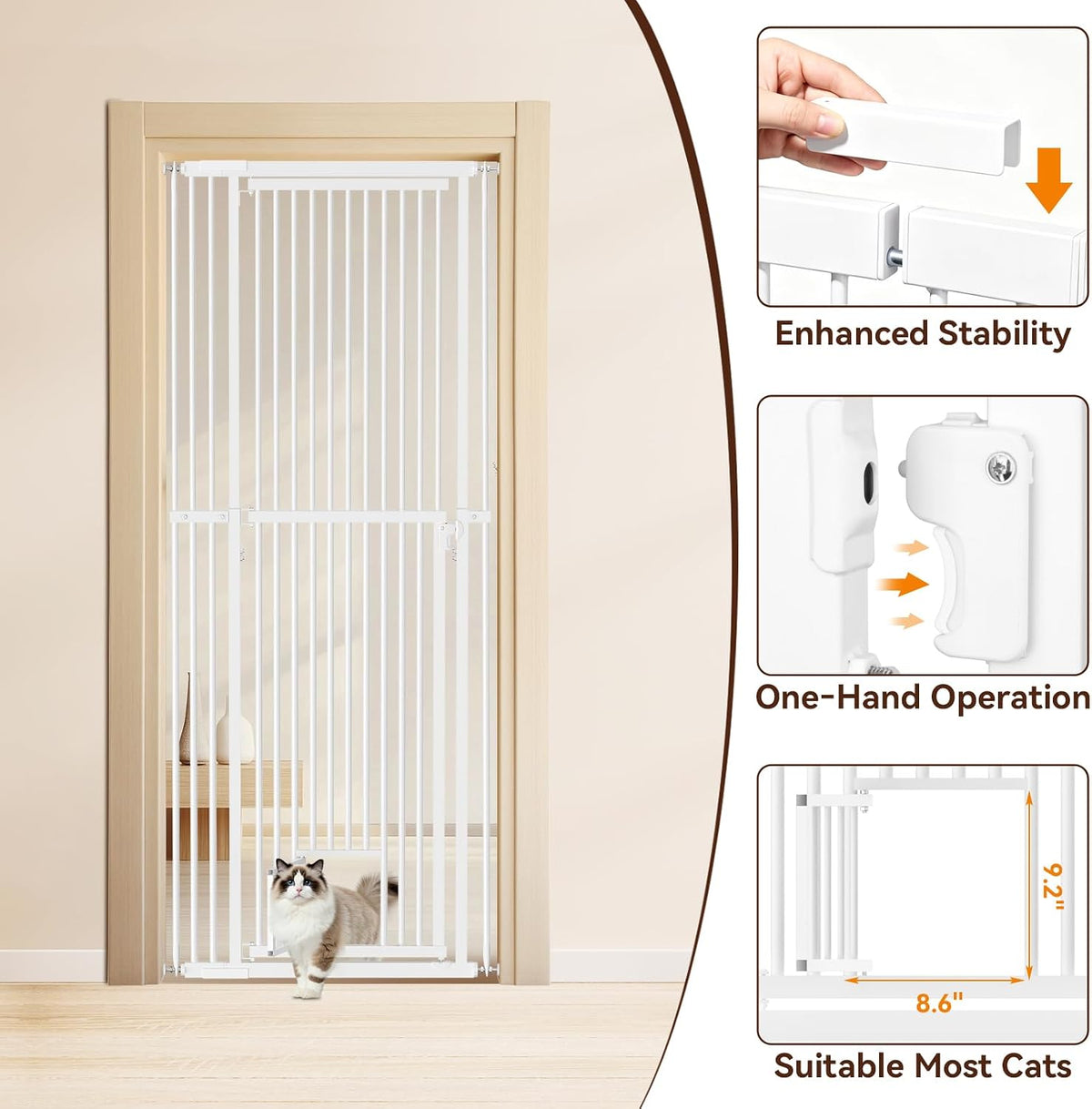 54"-87" Height Adjustable Extra Tall Cat Gate for Doorway, 27.1"-33" Wide Pet Gate with Cat Door & Extension Kits, Press