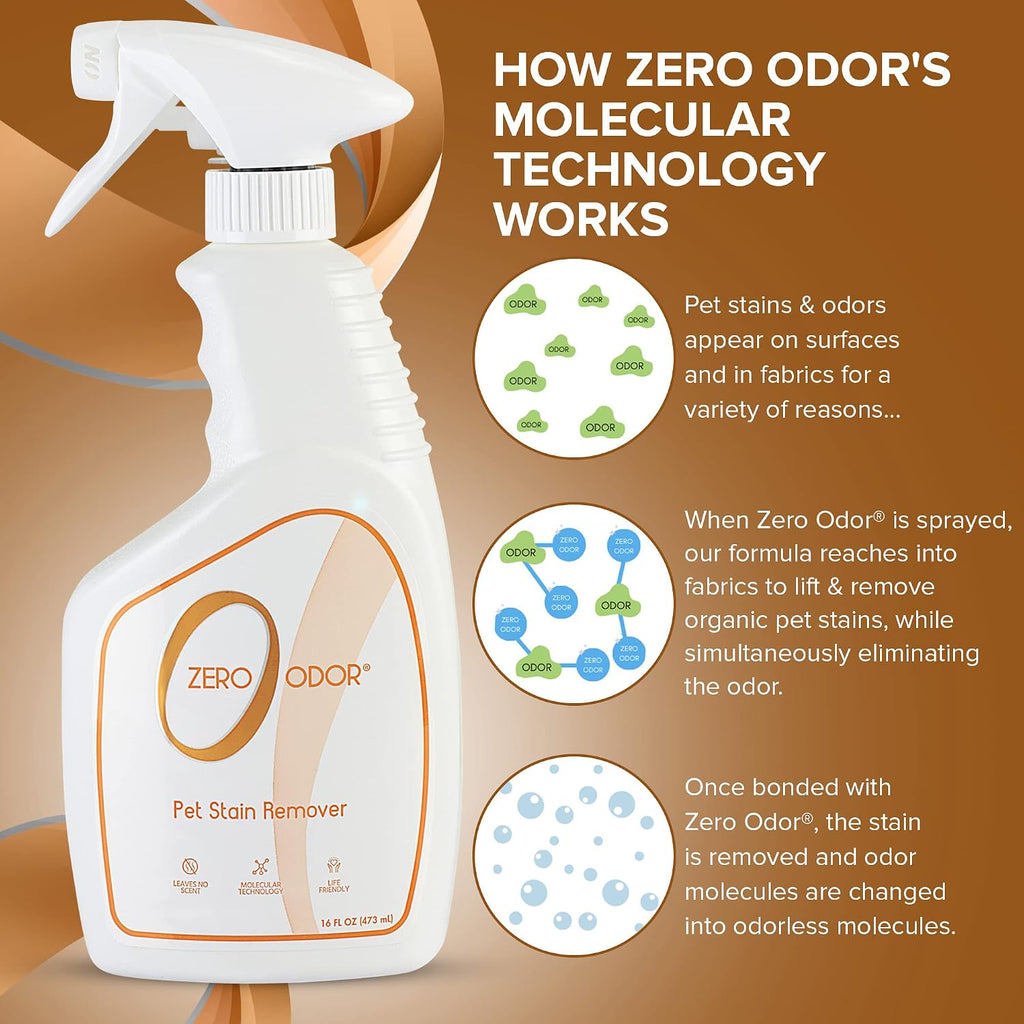 Zero Odor Pet Stain Remover & Odor Eliminator Spray for Carpet, 16 oz