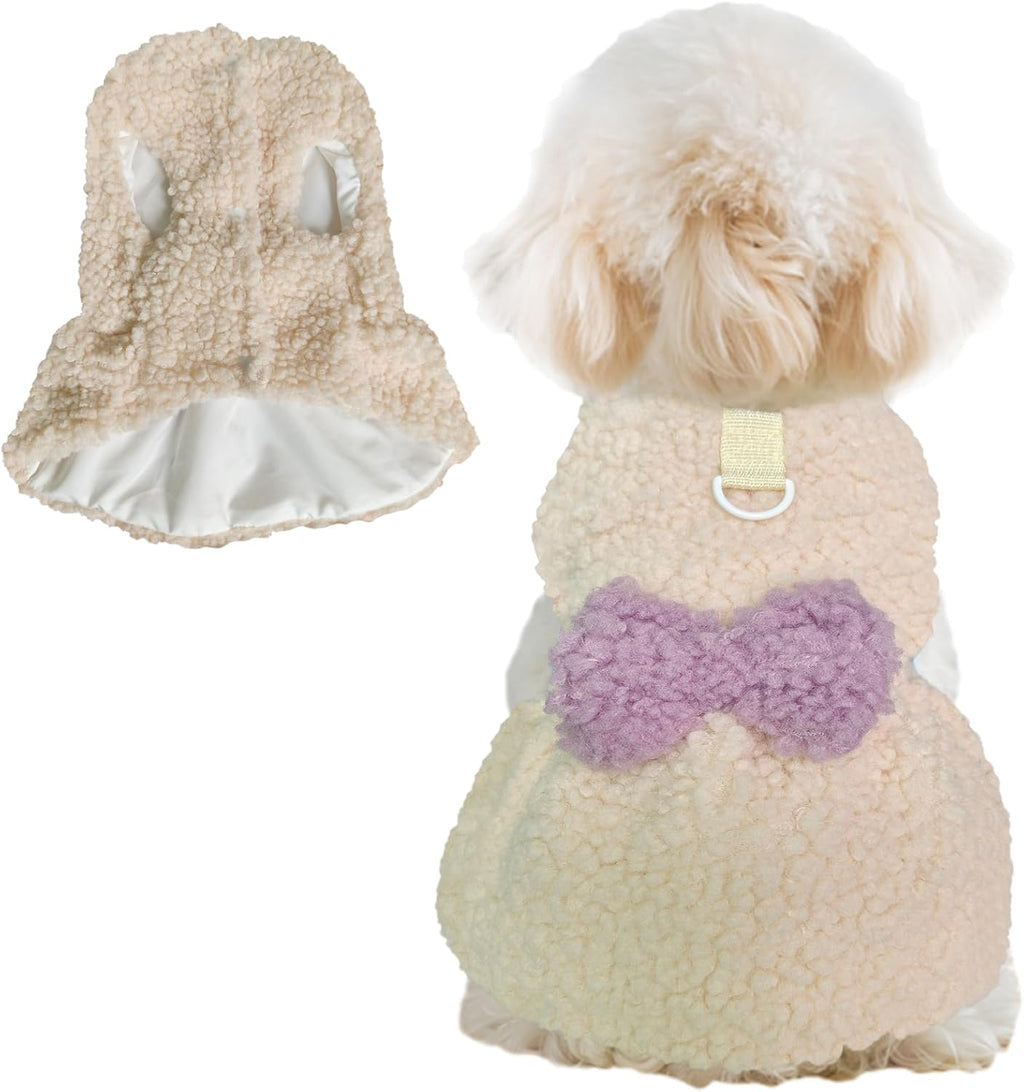 Winter Dog Dress with Bow & Leash Ring, Warm Puppy Clothes for Small Dogs
