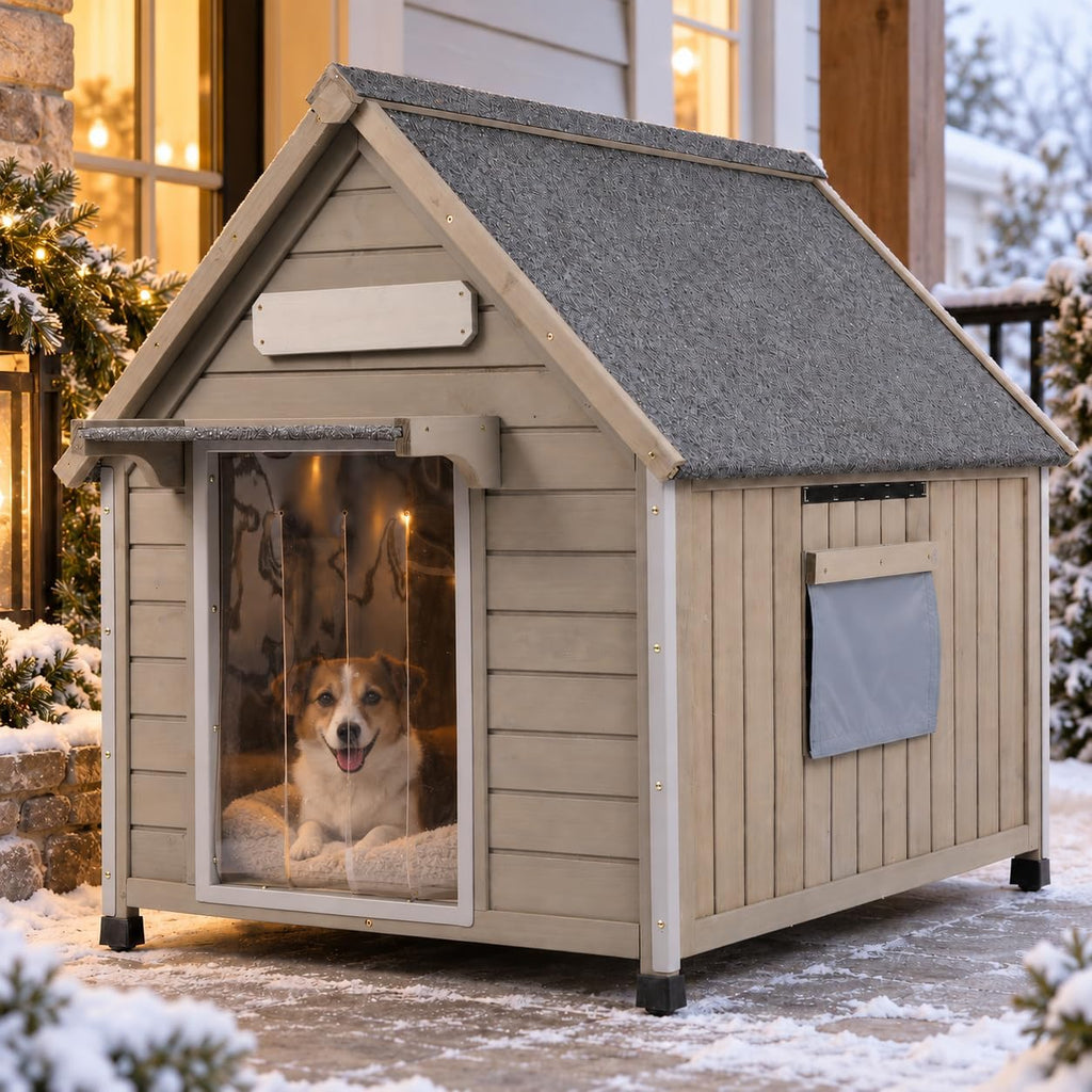 Dog House Outdoor with Reinforced Iron Frame Wooden Kennel