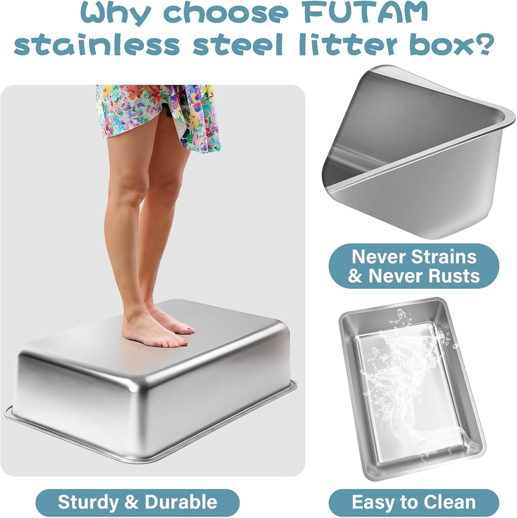 Stainless Steel Litter Box, 23.6“x15.7"x6" Deep Stainless Steel Cat Litter Box Extra Large, XL Metal Litterbox for Big C