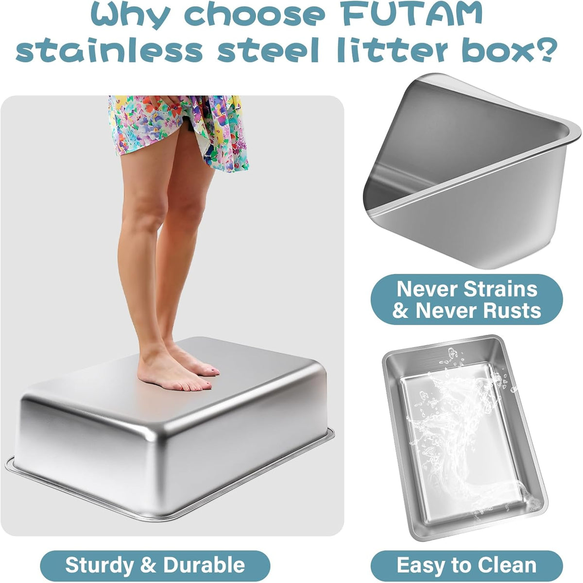 Stainless Steel Litter Box, 23.6“x15.7"x6" Deep Stainless Steel Cat Litter Box Extra Large, XL Metal Litterbox for Big C