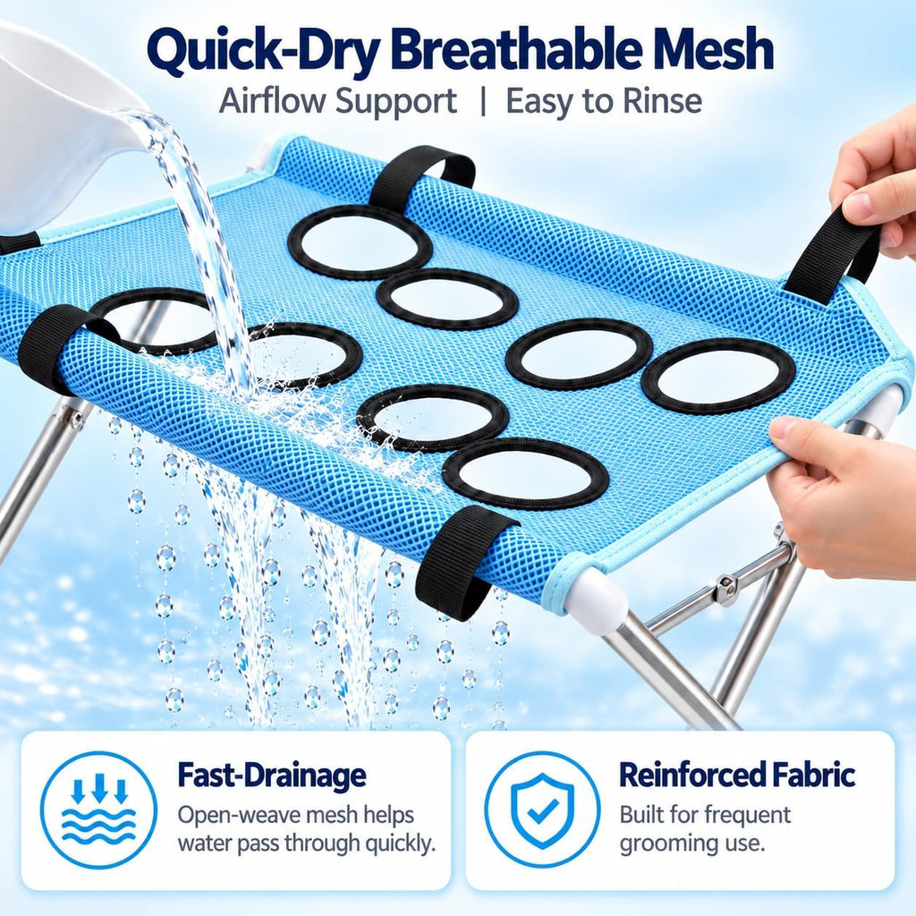Dog Grooming Hammock with Stand for Small Dogs and Cats, Foldable Stainless Steel Frame, 8-Opening Mesh Sling for Nail T