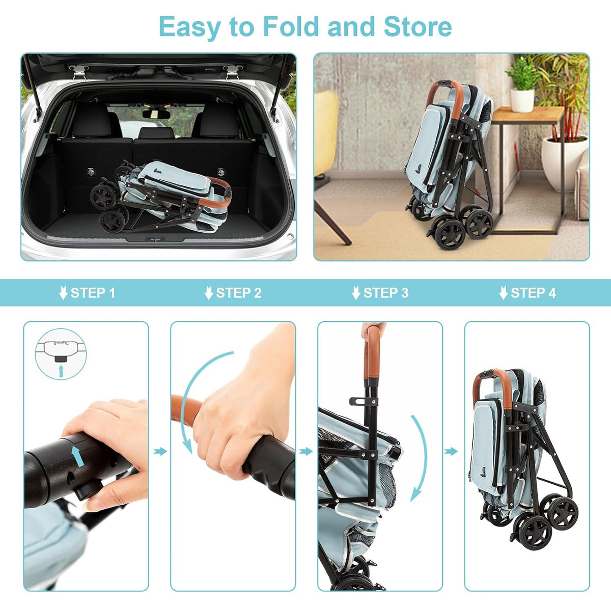 Double Pet Stroller for 2 Dogs & Cats, Double-Decker, Blue