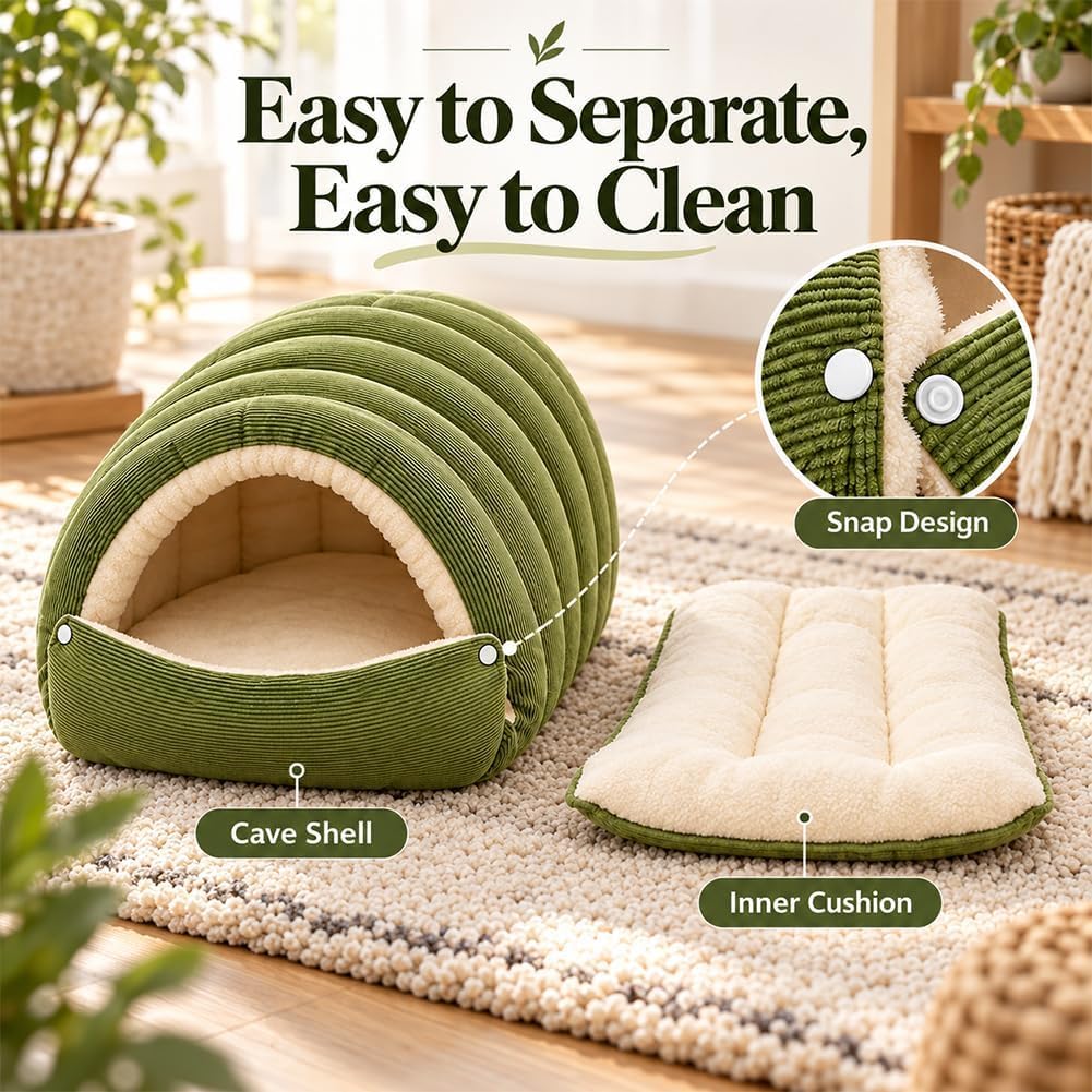 Upgrade Dog Cave Bed for Small Dogs and Cats, Covered Pet Bed with Plush Interior and Ribbed Exterior, Cozy Indoor Hidea