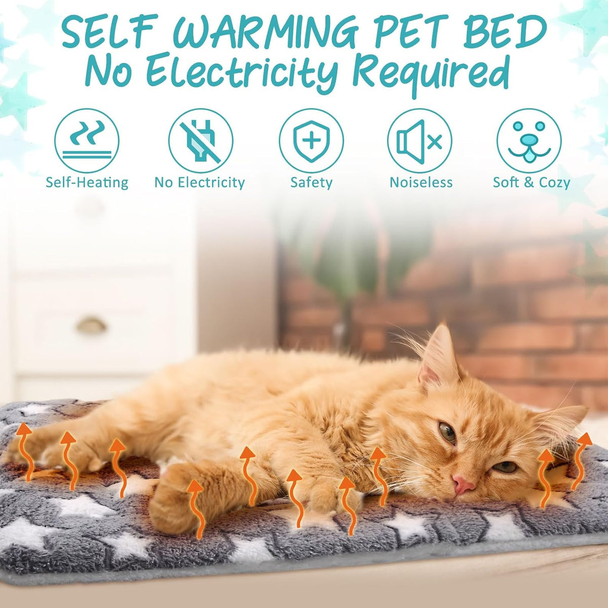 2 Pack Self Warming Cat Dog Bed Pad, Grey, 21" X 14", Stars