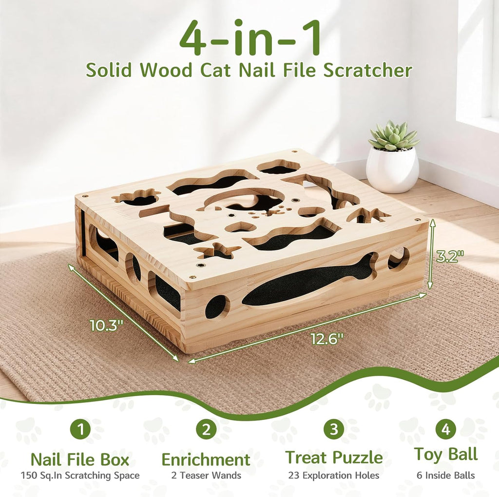 Cat Nail File Scratcher Box, 4-in-1 Interactive Wooden Scratch Puzzle Toy